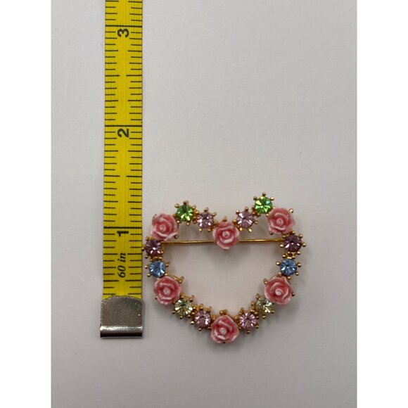 Avon Vintage Rose Accent Heart Brooch Pin Gold Tone Pink Rose Pastel Rhinestones - Picture 4 of 4